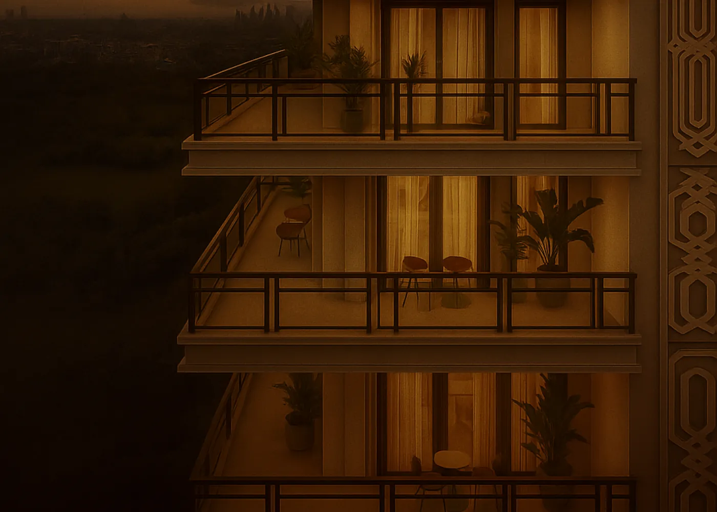 Stacked balconies lit at night - Artistic Impression