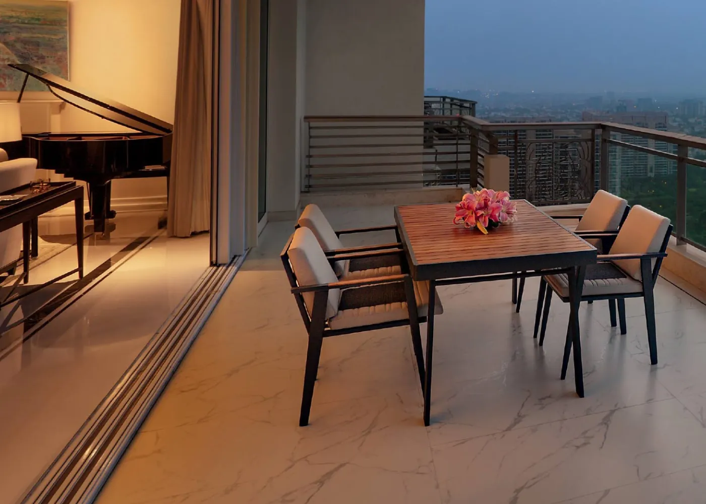 Dining table on a deep balcony at dusk - Artistic Impression