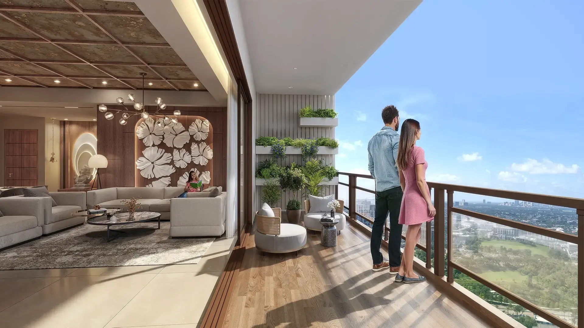 Deep balcony off the living room with a glass railing - Artistic Impression