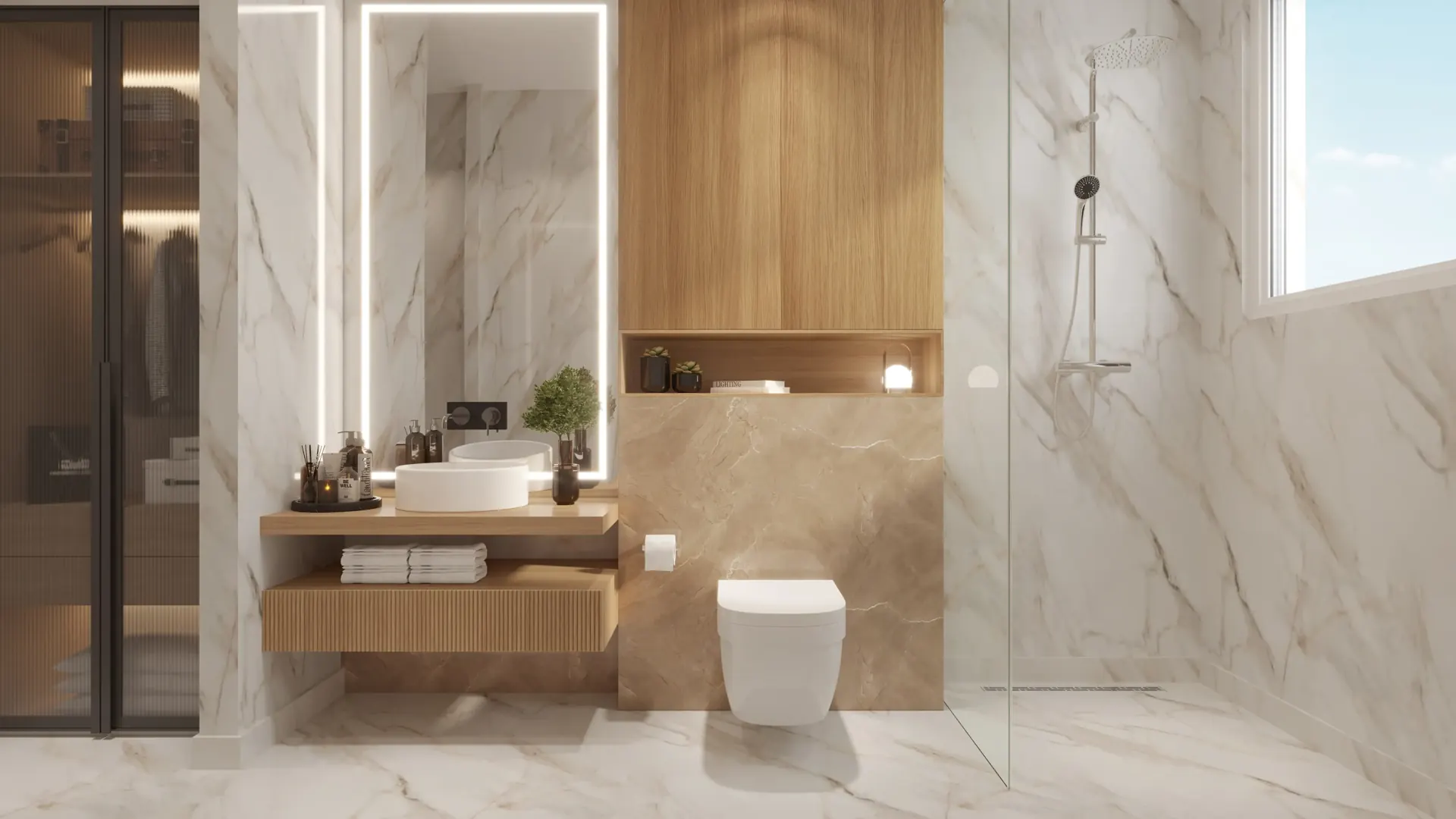 Bathroom in marble finish with a glass shower partition - Artistic Impression