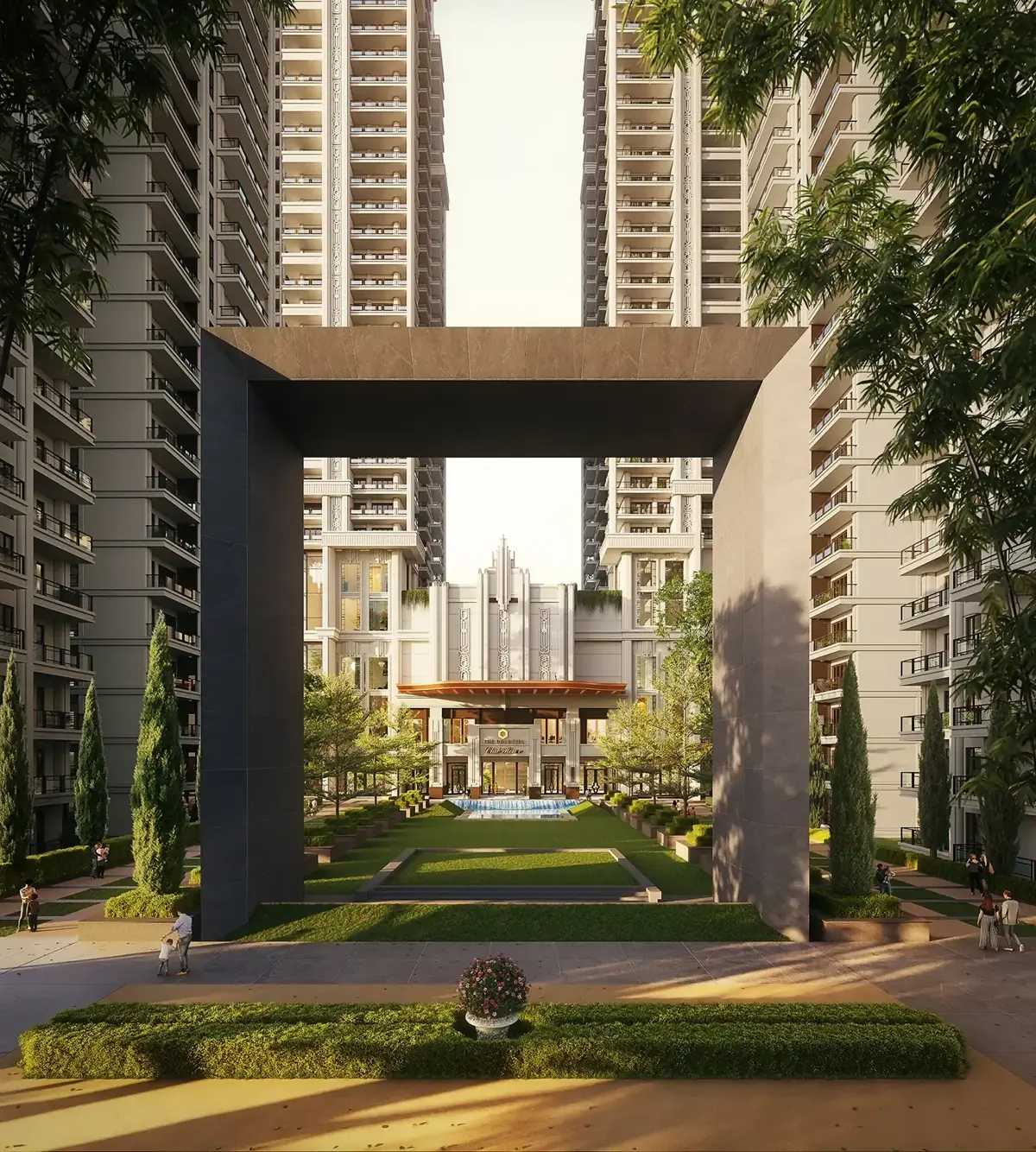 Central lawn framed by a tower gateway - Artistic Impression