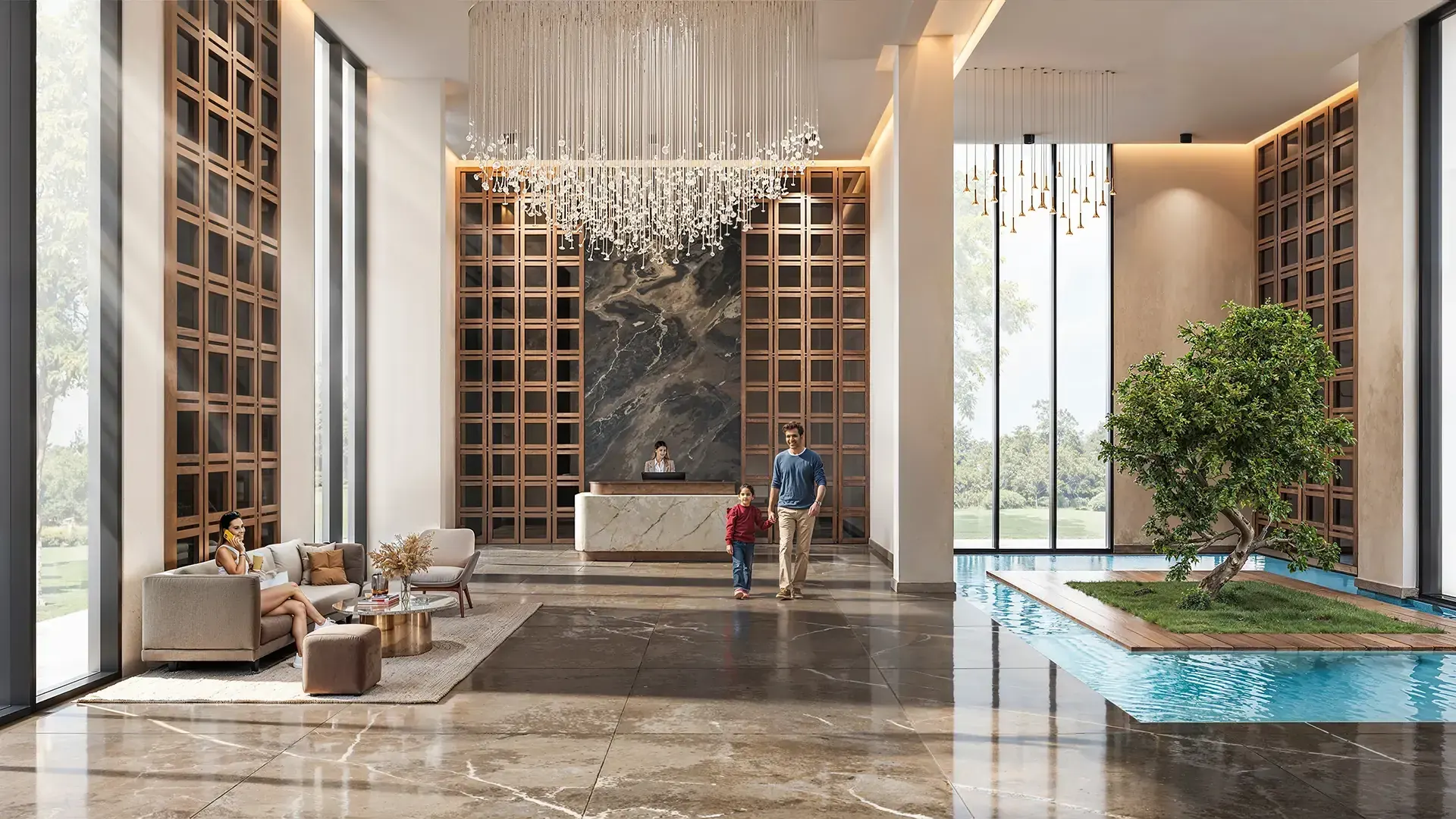 Double-height entrance lobby with a chandelier and water court - Artistic Impression