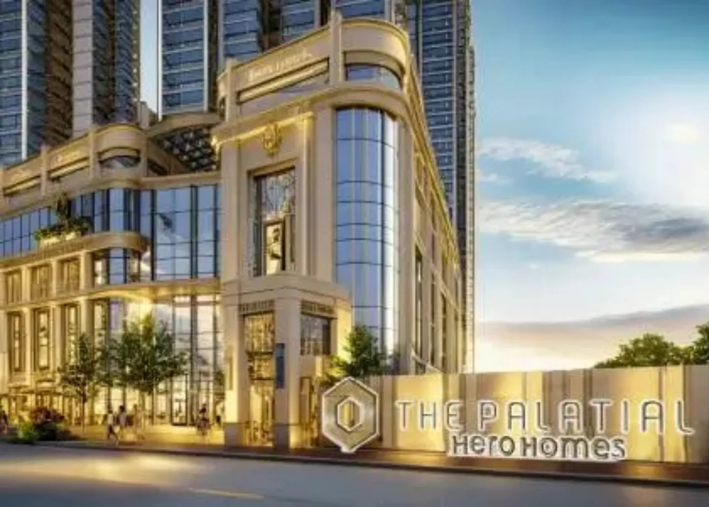 Project entrance with The Palatial signage at dusk - Artistic Impression