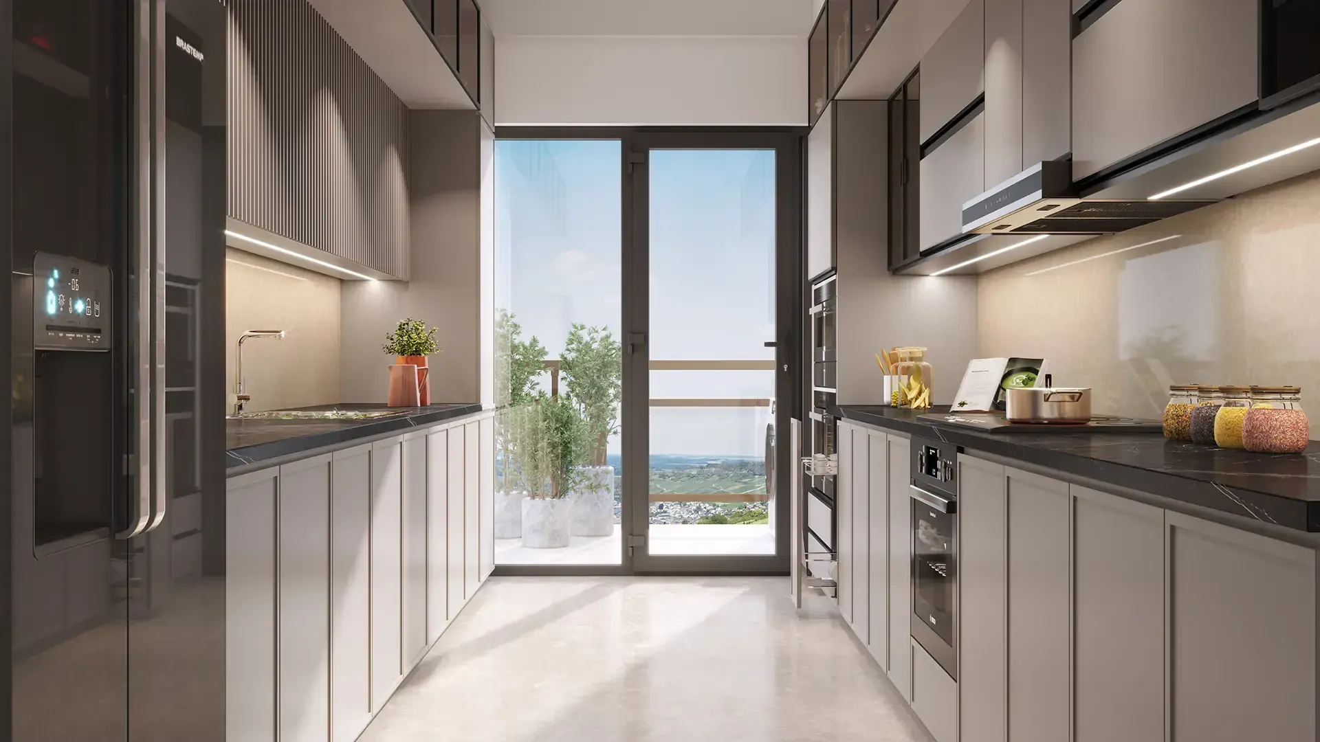 Modular kitchen opening onto a utility balcony - Artistic Impression