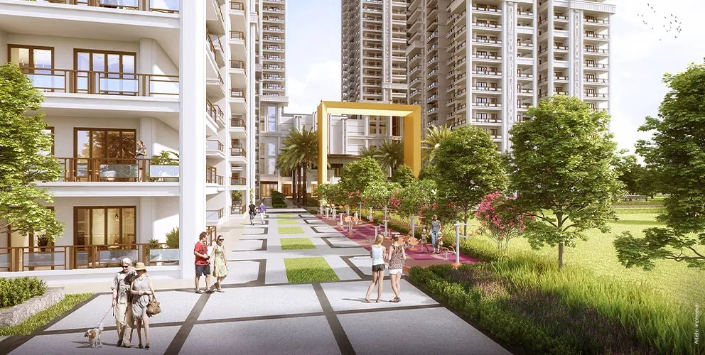 Landscaped walkway between towers with a gateway frame - Artistic Impression