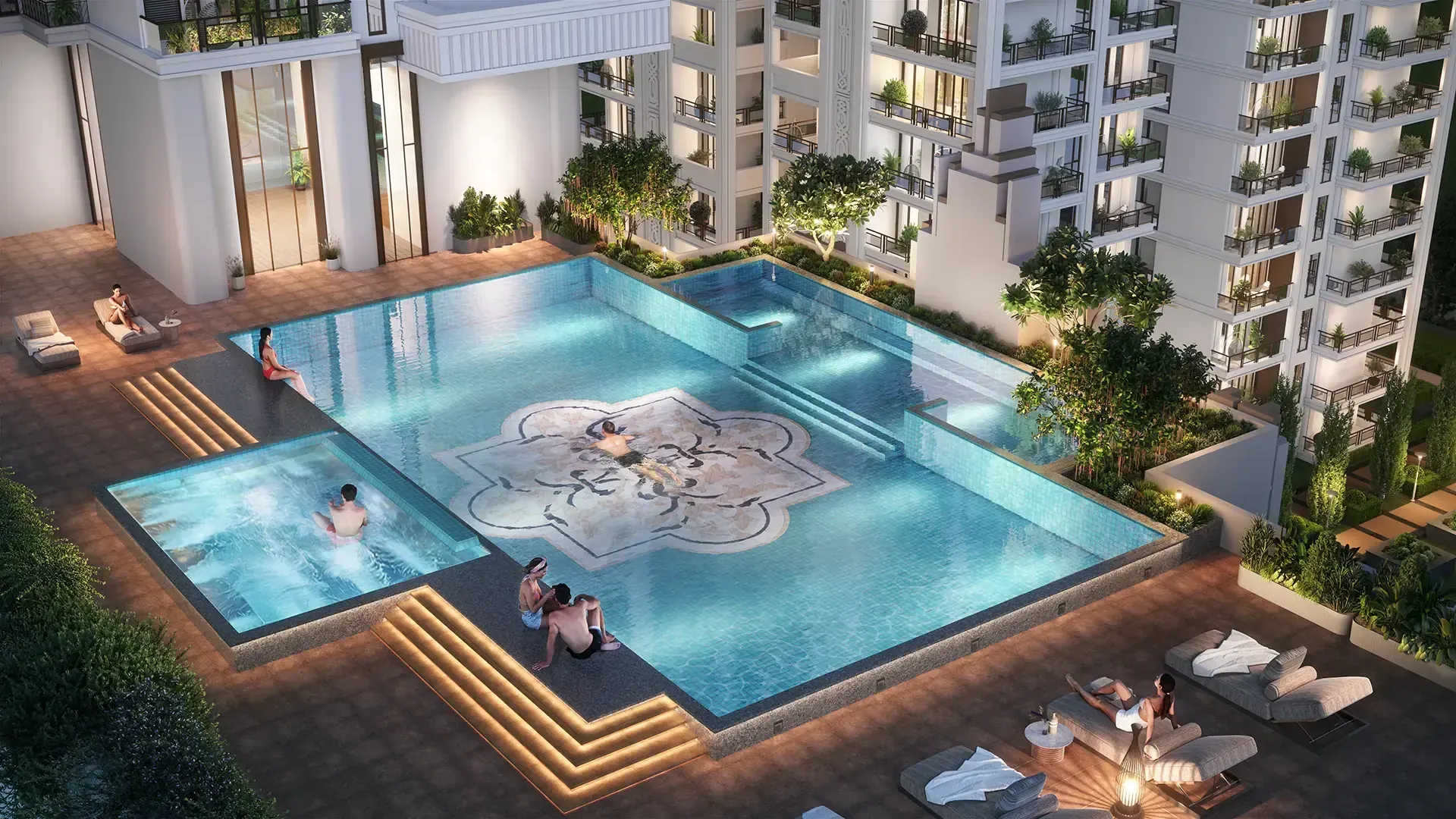 Podium swimming pool between the towers at night - Artistic Impression