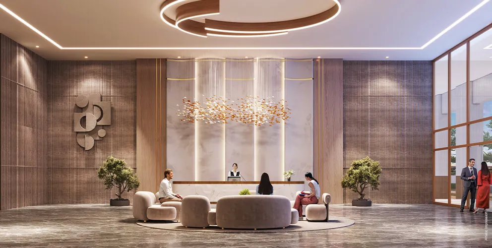 Reception lounge with a sculpted ceiling light - Artistic Impression