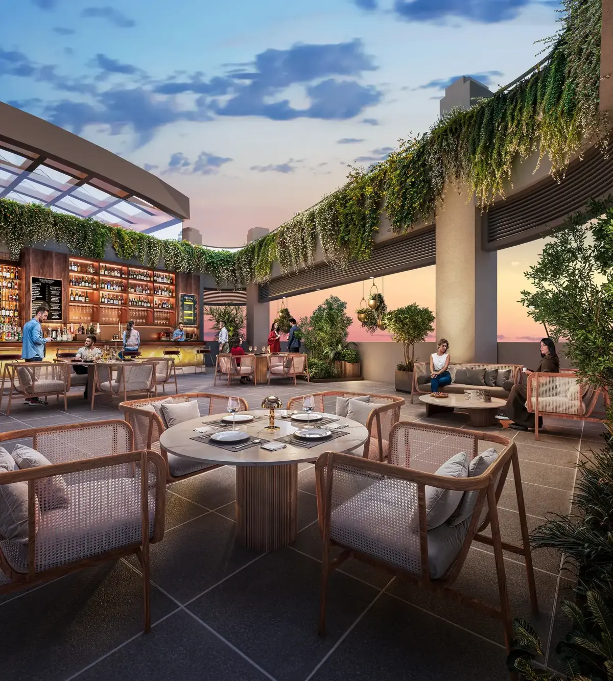 Rooftop dining terrace with planters and lounge seating - Artistic Impression